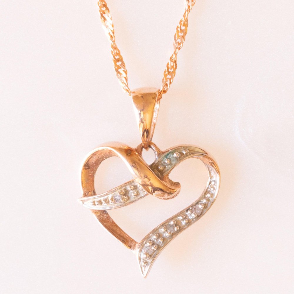 Vintage Necklace with 9k Rose Gold Chain and 9k Rose Gold Heart Pendant with Diamonds