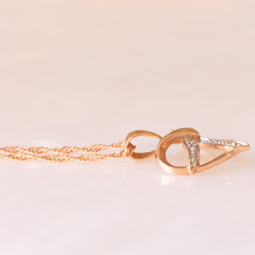 Vintage Necklace with 9k Rose Gold Chain and 9k Rose Gold Heart Pendant with Diamonds