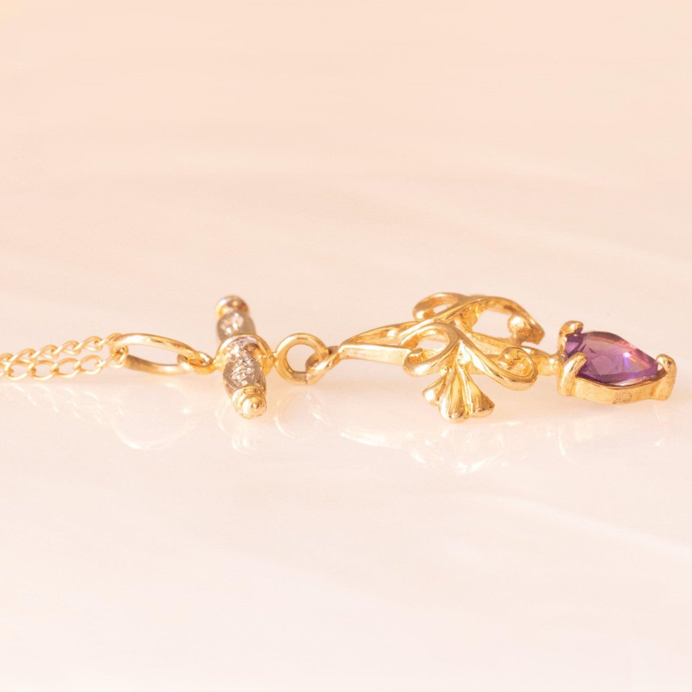 Vintage Necklace with 9k Yellow Gold Chain and 9k Yellow Gold Pendant with Heart-Cut Amethyst and Diamonds