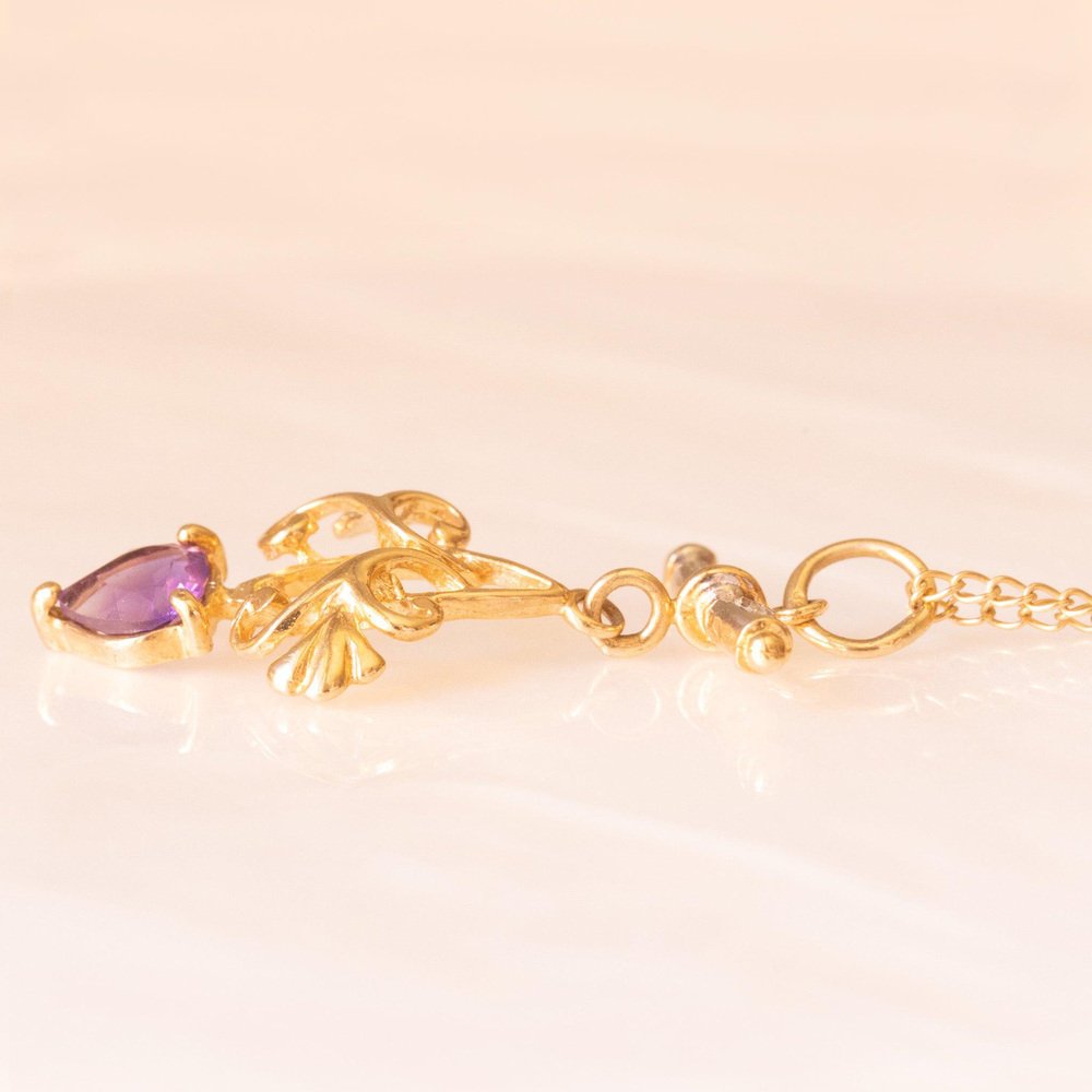 Vintage Necklace with 9k Yellow Gold Chain and 9k Yellow Gold Pendant with Heart-Cut Amethyst and Diamonds