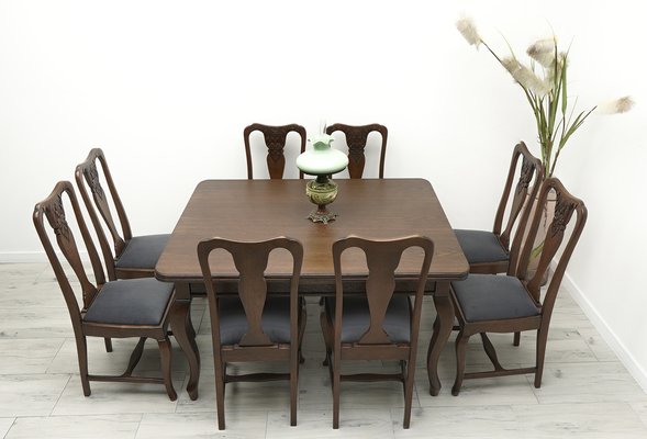 Vintage Oak Table and Chairs, 1920s, Set of 9-ZFH-2041446