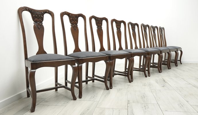 Vintage Oak Table and Chairs, 1920s, Set of 9-ZFH-2041446