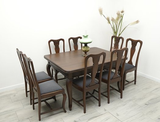 Vintage Oak Table and Chairs, 1920s, Set of 9-ZFH-2041446