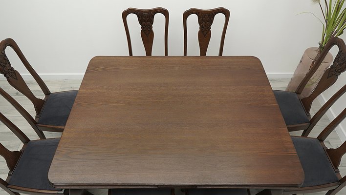 Vintage Oak Table and Chairs, 1920s, Set of 9-ZFH-2041446