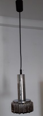 Vintage P105 Ceiling Lamp with Chromed Metal Mount, Black Plastic Cable & Lightly Tinted Smoked Glass Relief Shade from Staff, 1970s-HOI-941825