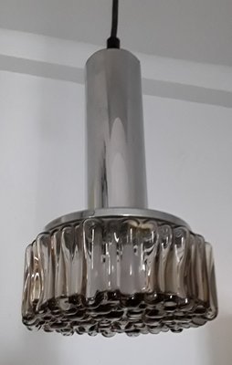 Vintage P105 Ceiling Lamp with Chromed Metal Mount, Black Plastic Cable & Lightly Tinted Smoked Glass Relief Shade from Staff, 1970s-HOI-941825