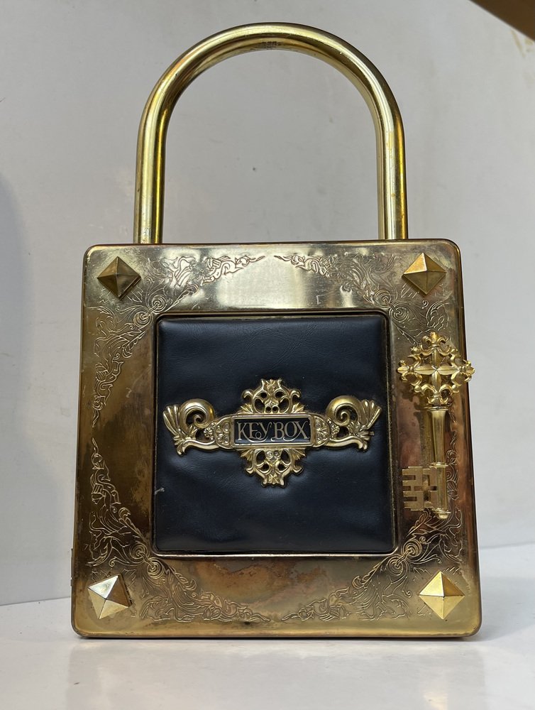 Vintage Padlock Key Box in Patinated Brass, 1980s-LCR-1765596