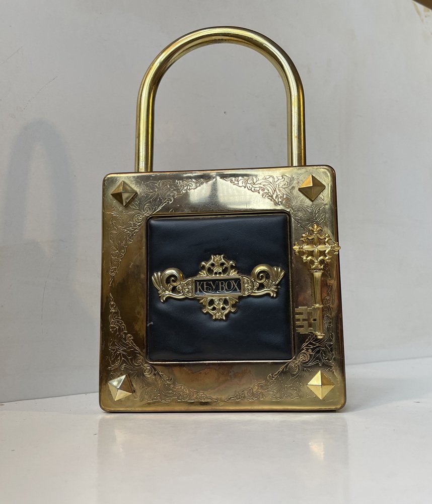 Vintage Padlock Key Box in Patinated Brass, 1980s