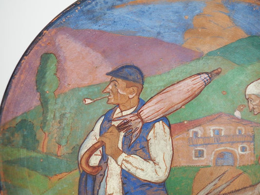 Vintage Painted Terracotta Dish Presenting a Scene in the Pays Basque Ountry by Lazard