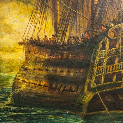 Vintage Painting of the Battle of Trafalgar Galleon, Wooden Frame-ZLY-849435