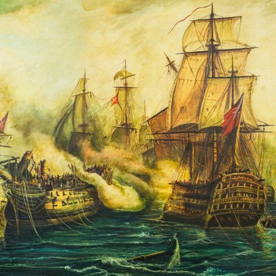 Vintage Painting of the Battle of Trafalgar Galleon, Wooden Frame-ZLY-849435