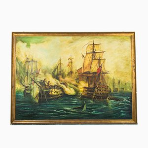 Vintage Painting of the Battle of Trafalgar Galleon, Wooden Frame-ZLY-849435