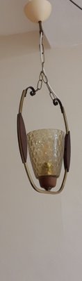 Vintage Pendant Lamp with a Brass Frame & Teak Applications on Brass, 1970s-HOI-1397123