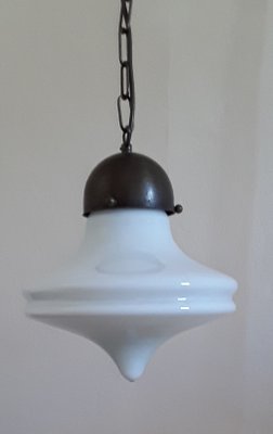 Vintage Pendant Lamp with Brass Assembly & Opaque White Glass Screen, 1970s-HOI-1415048