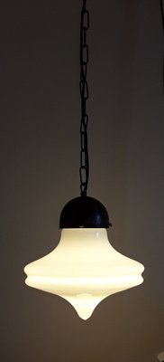 Vintage Pendant Lamp with Brass Assembly & Opaque White Glass Screen, 1970s-HOI-1415048