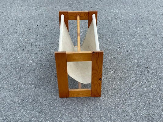 Vintage Pine & Canvas Magazine Rack, Denmark, 1970s-MXB-1239986