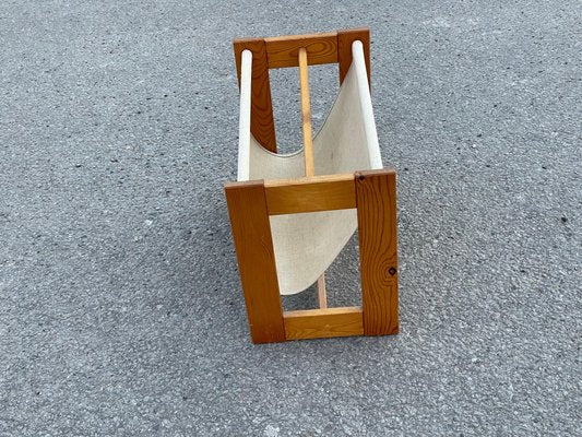 Vintage Pine & Canvas Magazine Rack, Denmark, 1970s-MXB-1239986