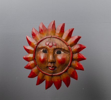 Vintage Pine Hand-Carved Sun, 1970s-VLO-1135278