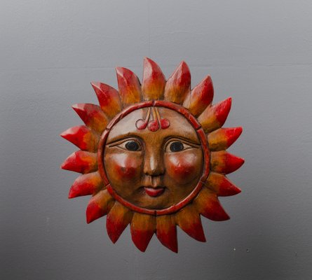 Vintage Pine Hand-Carved Sun, 1970s-VLO-1135278