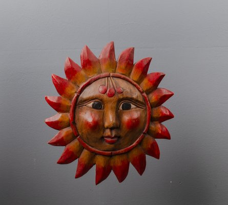 Vintage Pine Hand-Carved Sun, 1970s-VLO-1135278