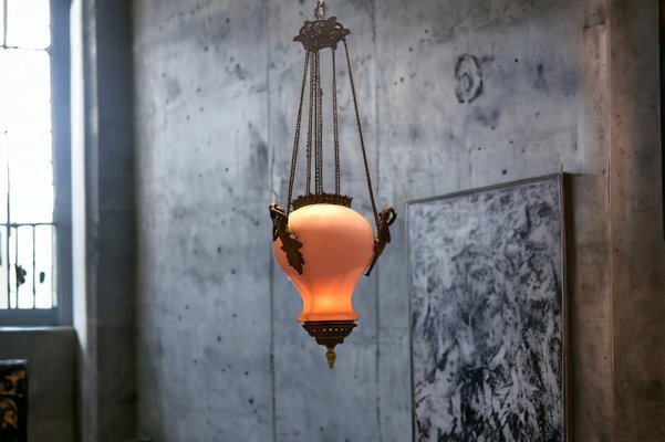 Vintage Pink Opaline Glass and Bronze Candleholder, 1920s-JJC-1731653