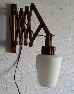 Vintage Pull-Out Field Frame in Teak with White Opaque Glass Umbrella Wall Lamp, 1960s-HOI-1215751