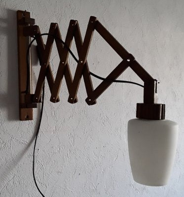 Vintage Pull-Out Field Frame in Teak with White Opaque Glass Umbrella Wall Lamp, 1960s-HOI-1215751