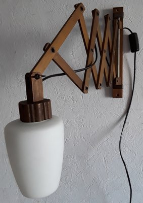 Vintage Pull-Out Field Frame in Teak with White Opaque Glass Umbrella Wall Lamp, 1960s-HOI-1215751