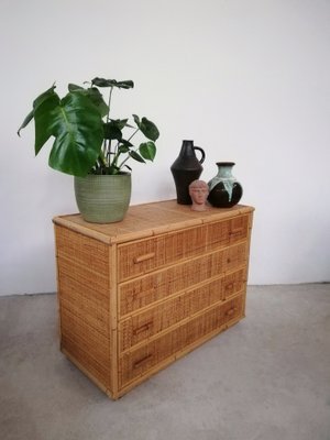 Vintage Rattan and Bamboo Chest of Drawers, Italy, 1970s-UIW-1264145