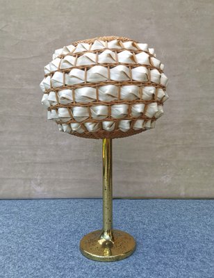 Vintage Rattan and Brass Table Lamp, 1960s-FW-1342189