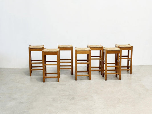 Vintage Rattan and Wood Barstools, 1970s, Set of 7