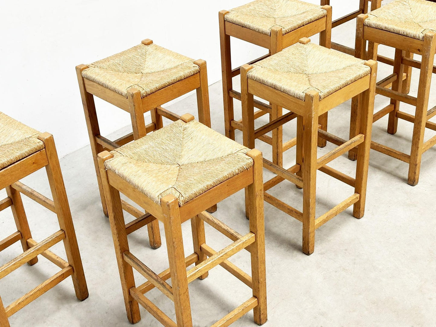 Vintage Rattan and Wood Barstools, 1970s, Set of 7