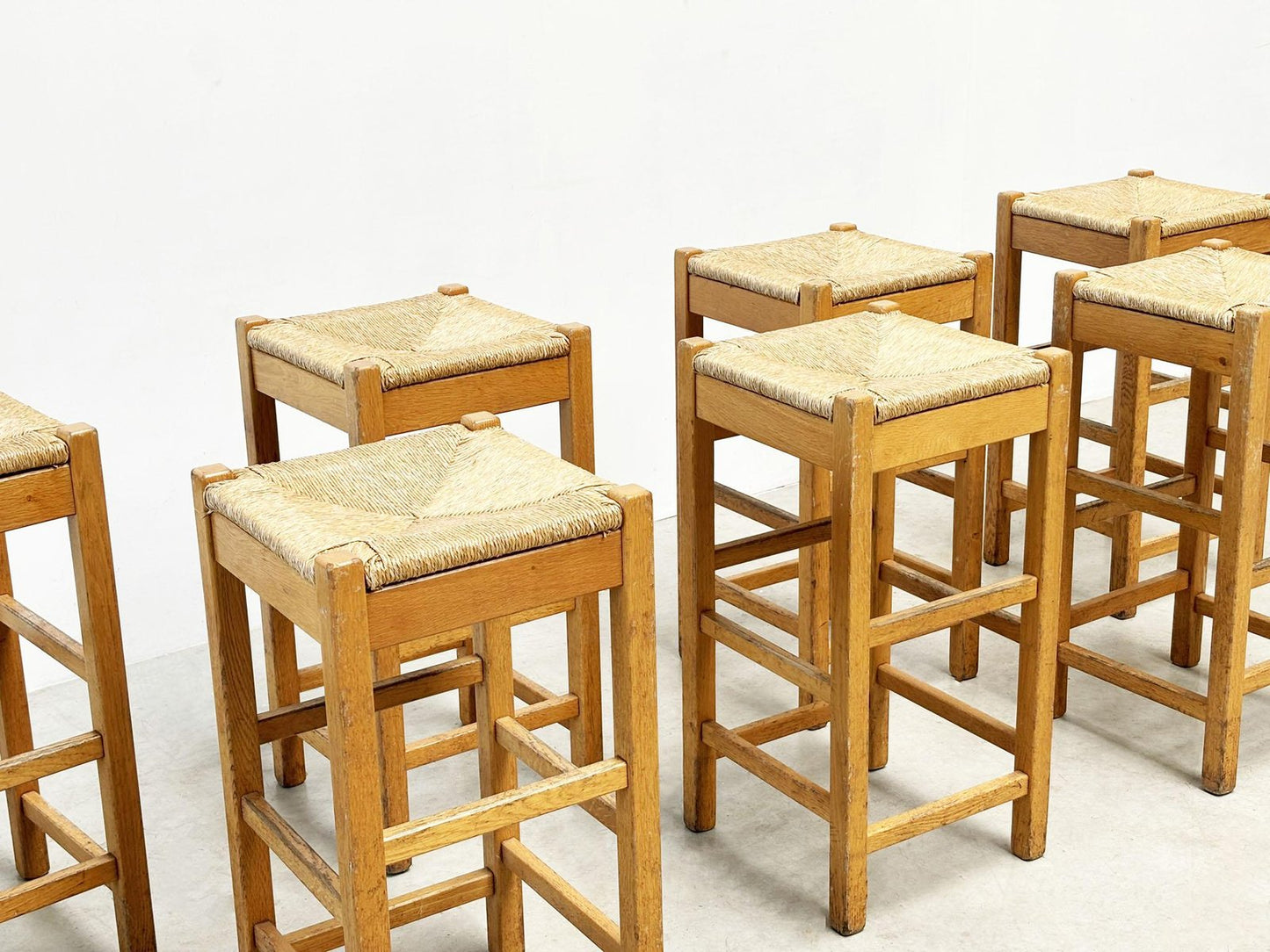 Vintage Rattan and Wood Barstools, 1970s, Set of 7