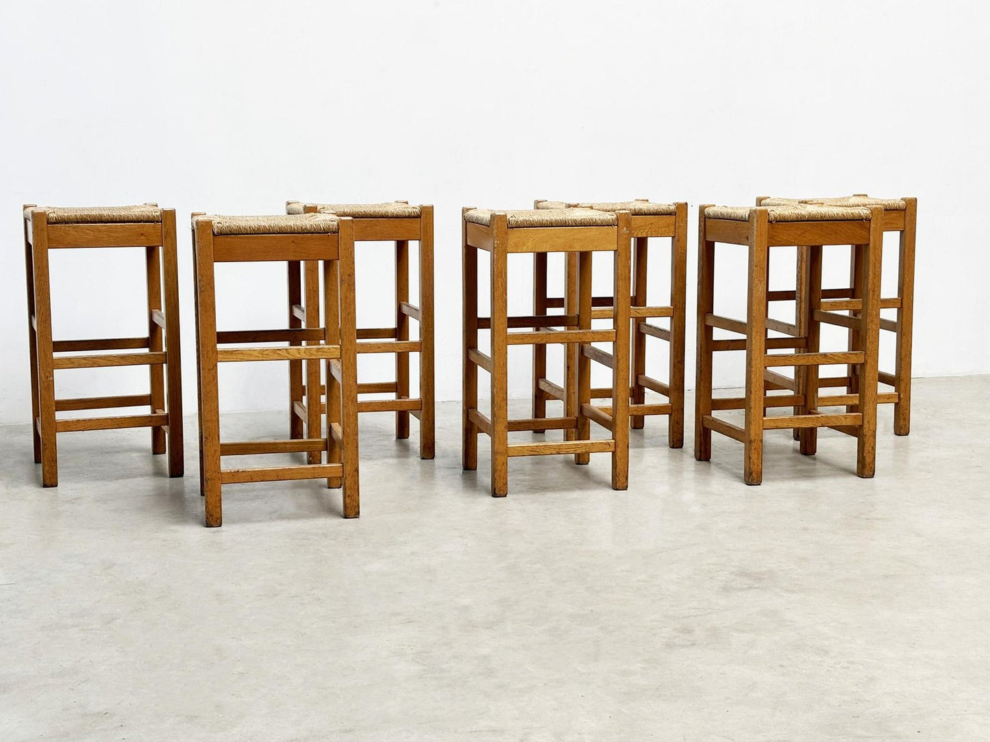 Vintage Rattan and Wood Barstools, 1970s, Set of 7