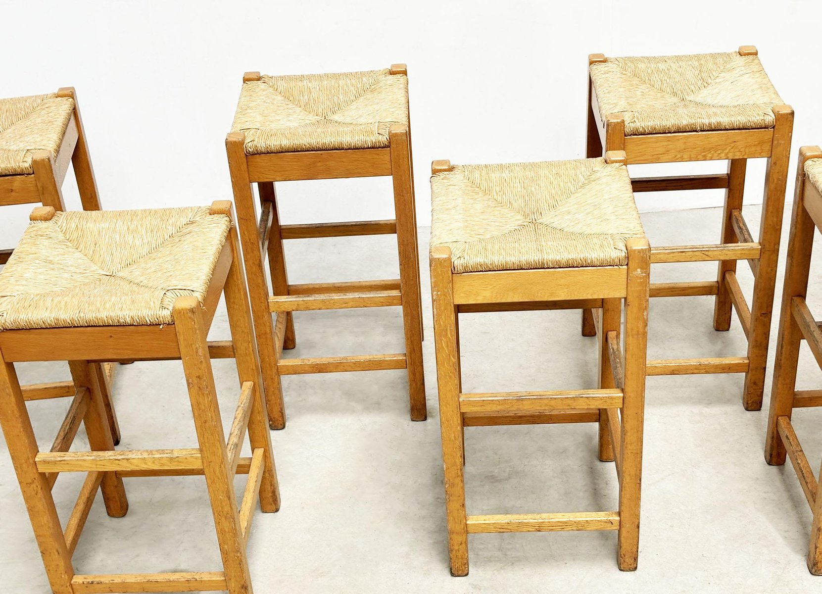 Vintage Rattan and Wood Barstools, 1970s, Set of 7