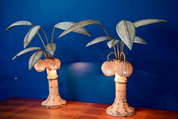 Vintage Rattan Palm Lamp, 1970s, Set of 2-AIU-1723369