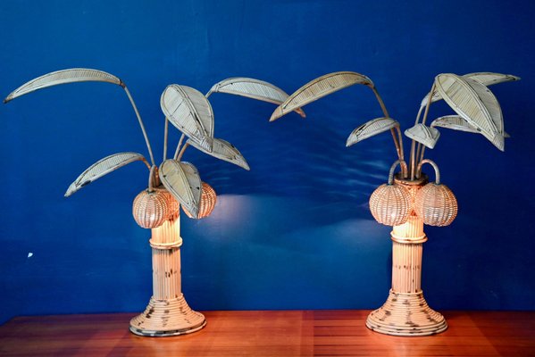 Vintage Rattan Palm Lamp, 1970s, Set of 2-AIU-1723369