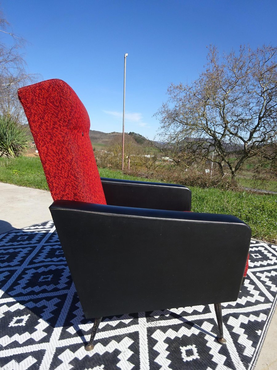 Vintage Red and Black Armchairs with Compass Legs, 1970s, Set of 2