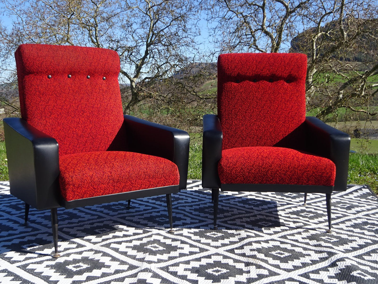 Vintage Red and Black Armchairs with Compass Legs, 1970s, Set of 2