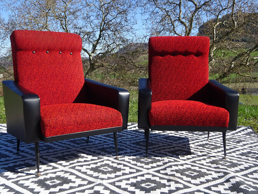 Vintage Red and Black Armchairs with Compass Legs, 1970s, Set of 2