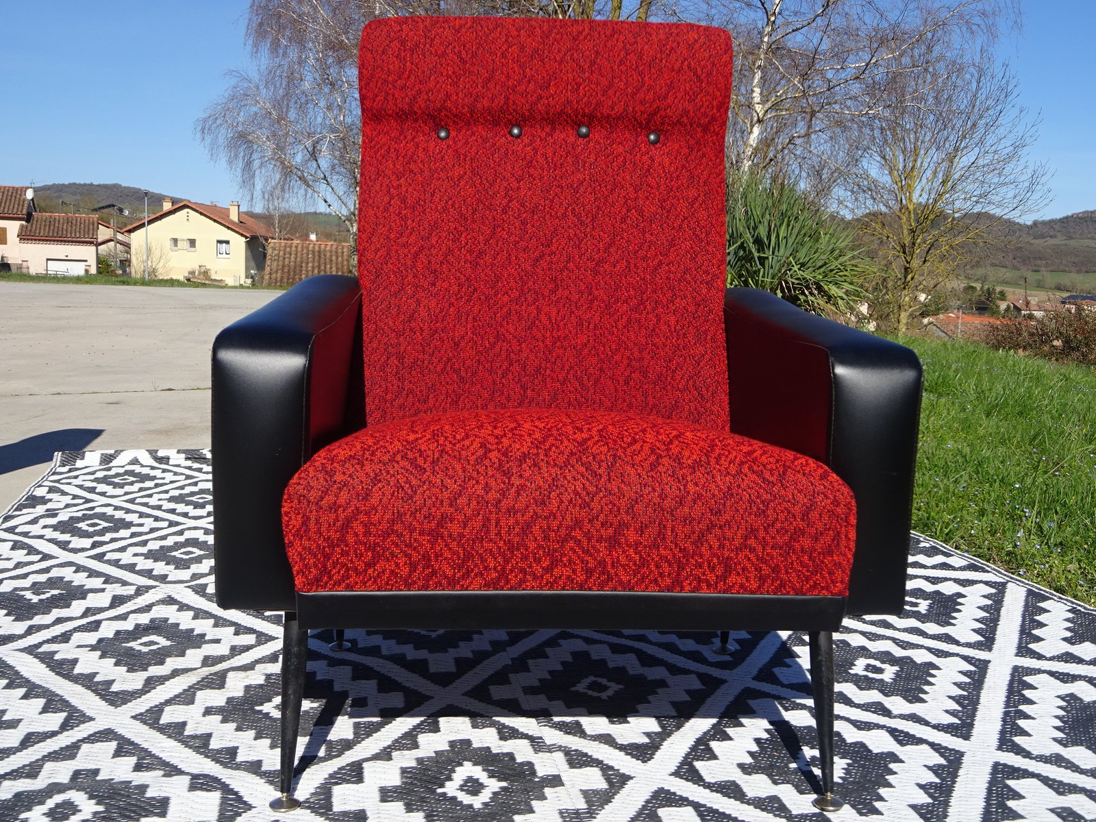 Vintage Red and Black Armchairs with Compass Legs, 1970s, Set of 2