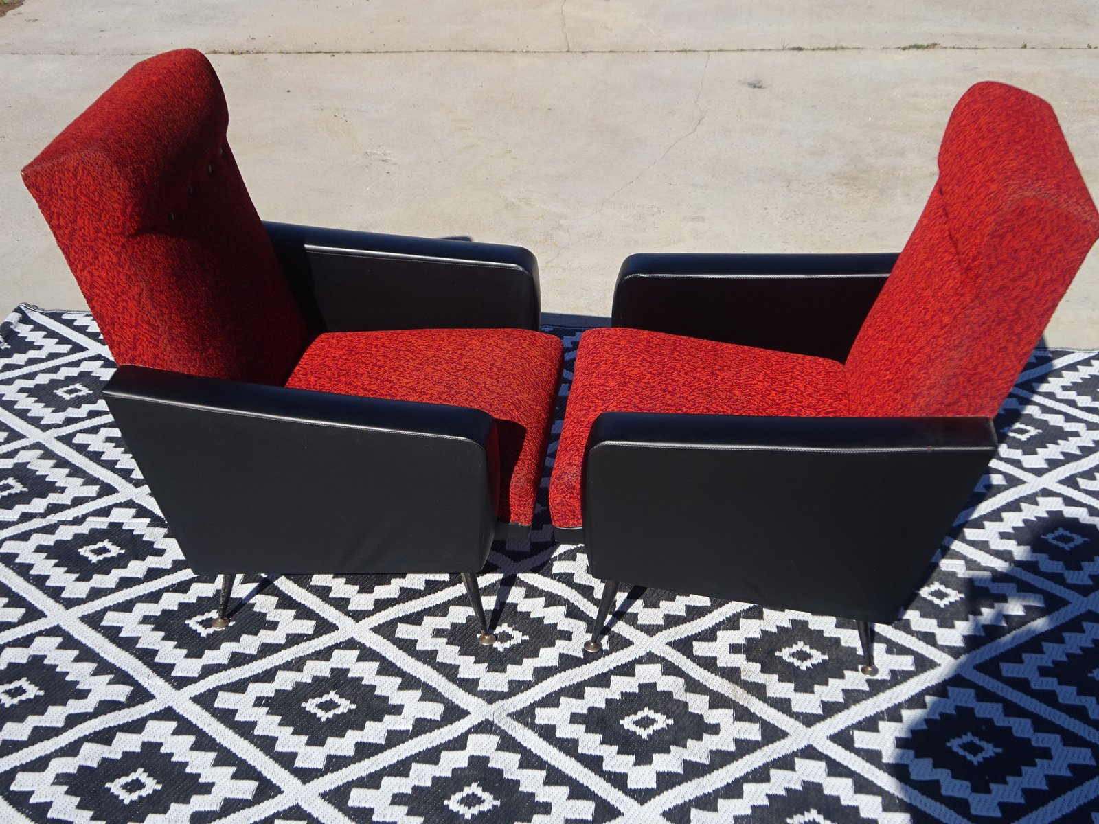 Vintage Red and Black Armchairs with Compass Legs, 1970s, Set of 2