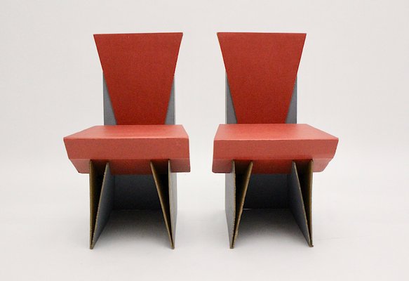 Vintage Red & Blue Cardboard Side Chairs, 1990s, Set of 2-NB-877477