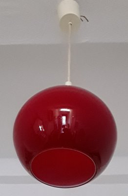 Vintage Red Glass Ball Lamp with Fabric Cable and Cream Plastic Mount, 1970s-HOI-1030617