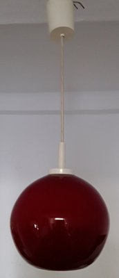 Vintage Red Glass Ball Lamp with Fabric Cable and Cream Plastic Mount, 1970s-HOI-1030617