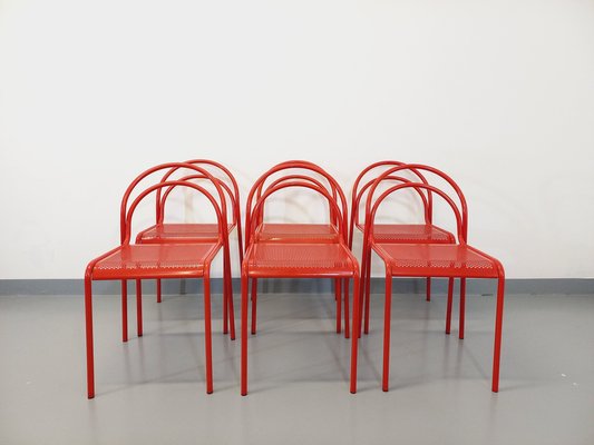 Vintage Red Metal Chairs, 1980s, Set of 6-AHO-1737042