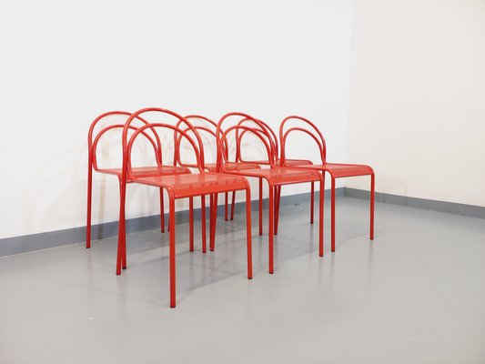 Vintage Red Metal Chairs, 1980s, Set of 6-AHO-1737042