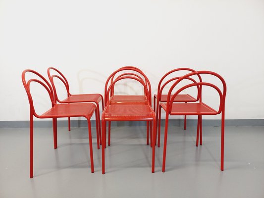 Vintage Red Metal Chairs, 1980s, Set of 6-AHO-1737042