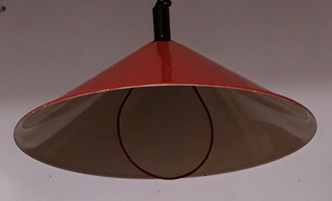 Vintage Red Painted Metal Funnel-Shaped Metal Ceiling Lamp, 1970s-HOI-1121842