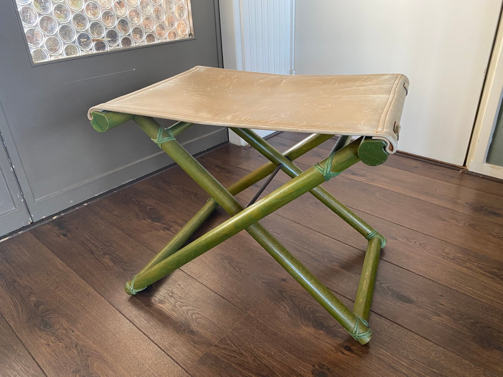 Vintage Regency Italian Beech and Leather Foldable Stool